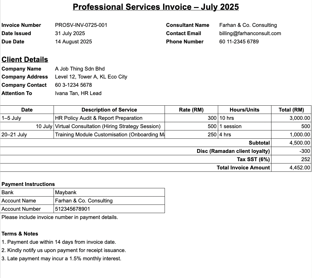 Consultancy/Professional Services Invoice Template